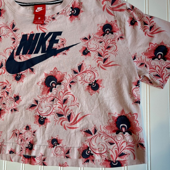 VTG Y2K Nike Big Logo Crop Top Oversized Floral Athletic T-Shirt Women L Pink - Picture 4 of 7